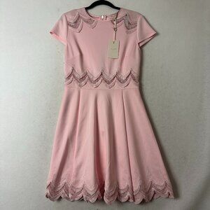 New Ted Baker London Rehanna Embroidered Cap Sleeve Skater Dress pink Size 8